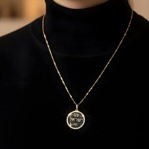 Stainless steel necklace with pave “Am Israel Chai”